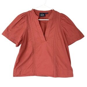 Maeve Anthropologie Rust Terracotta Blouse M Pullover V-Neck Short Puff Pintuck